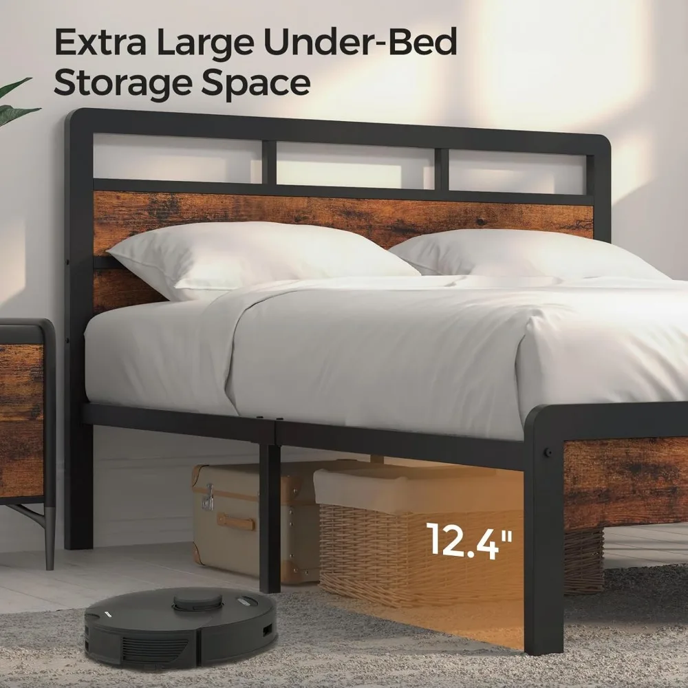 Queen Bed Frame, Mattress Foundation Metal Platform w Wood Headboard and Large Under Bed Storage,Noise-Free,No Box Spring Needed 5