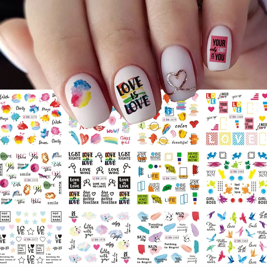 12Patterns Russian Letter Nail Water Decals With Inscriptions Girl  Black White Tattoo Slider Sticker Geometry Transfer Stickers