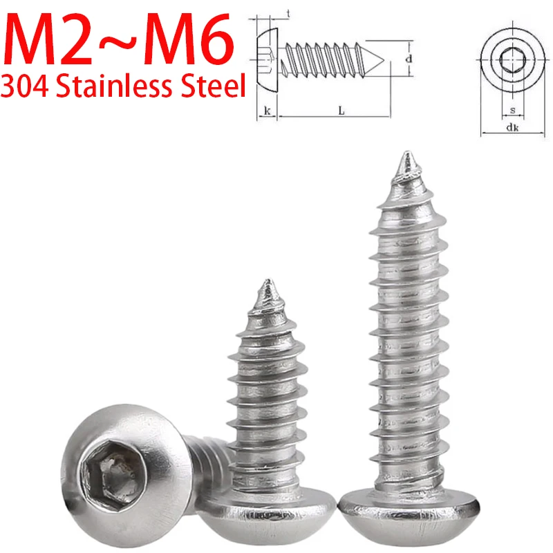 10-100pcs 304 Stainless Steel Round Pan Head Hex Socket Self Tapping Screws Wood Screw M2 M2.5 M3 M4 M5 M6