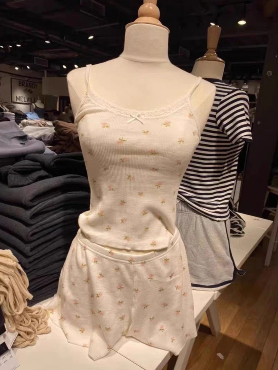 

Cotton Floral Waffle Vest Shorts 2 Pieces Set Woman Lace Trim Bow Tank Top High Waist Straight Short Pant Sweet Sets Home PJ