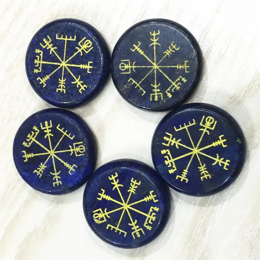 Hot Round Natural Agates Lapis Lazuli Palm Stone Vegvisir Viking Compass Rune Guardian Symbols Reiki Healing Crystals Wholesale
