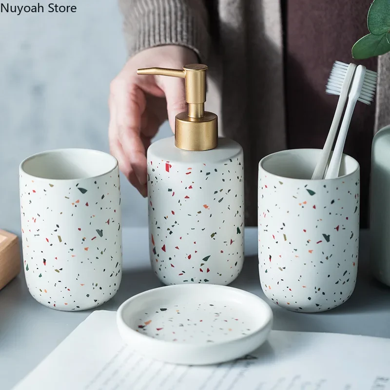 European Bathroom Decoration Set Terrazzo Ceramic Emulsion Bottle Gargle Cup Soap Dish Art Supplies