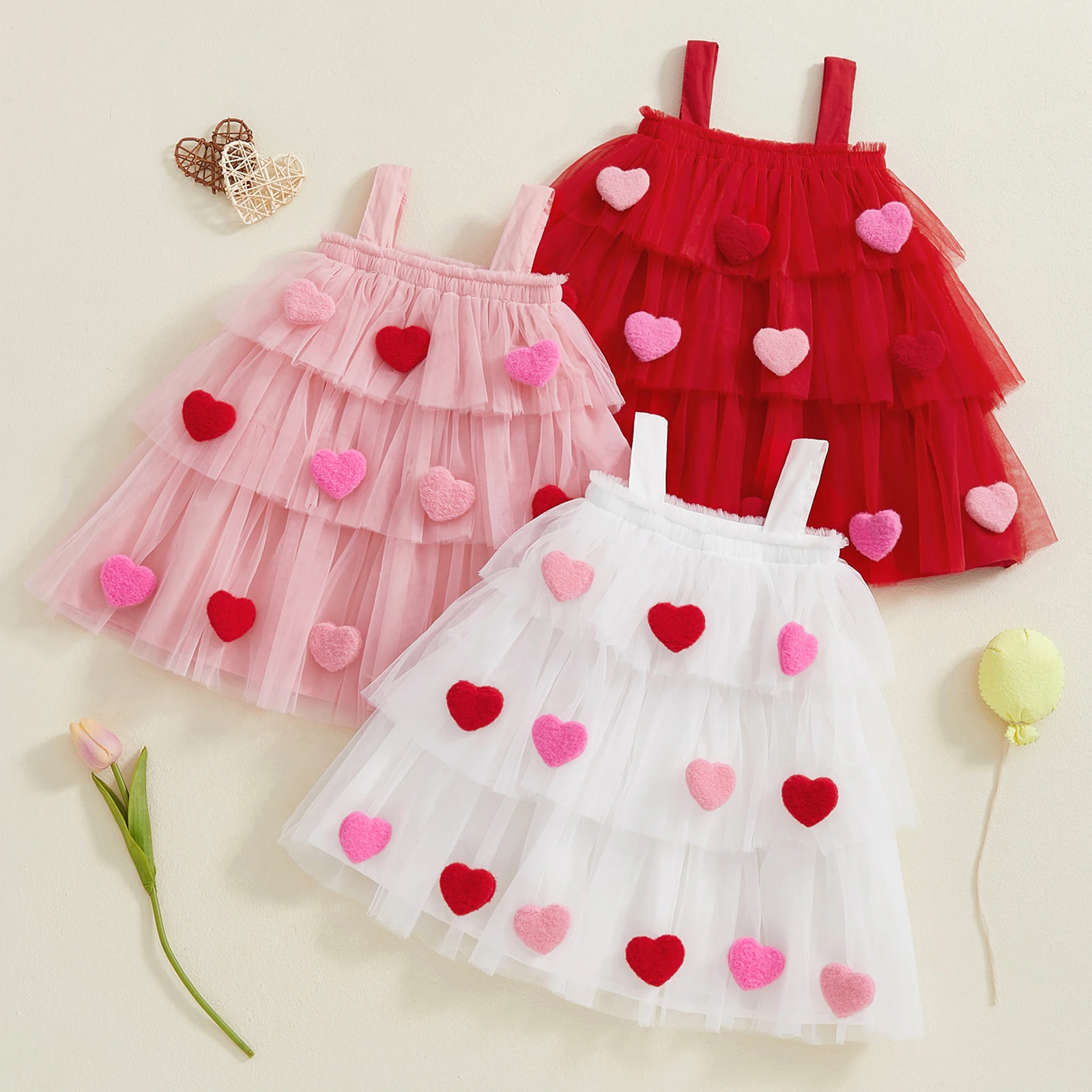 FOCUSNORM 1-9Y 8 Colors Little Girls Christmas/Valentines Dress Strap Star Lace Layered Tulle Sundress with Plush Ball