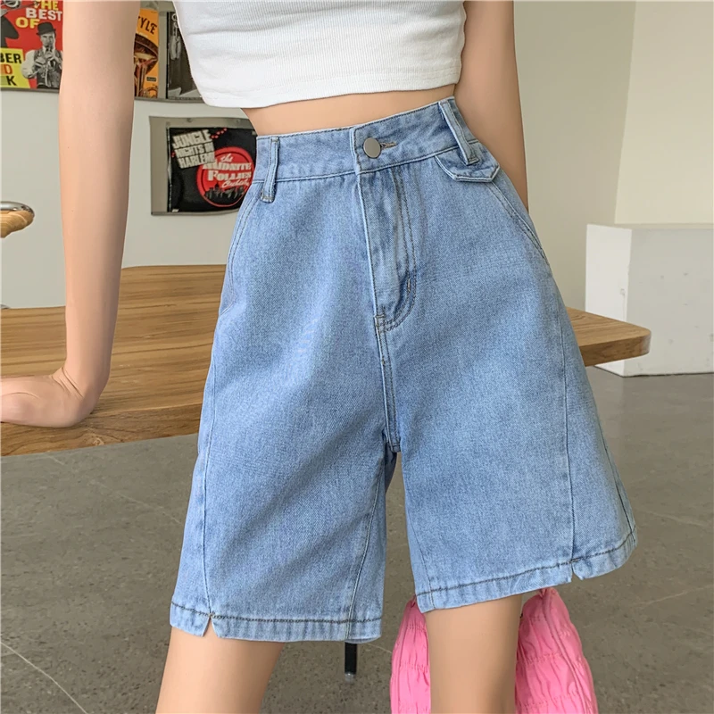 

High Waist Jeans Shorts Splicing Korean Style Light Blue Baggy Women Summer Washed Y2k Streetwear Fashion Straight Denim Shorts