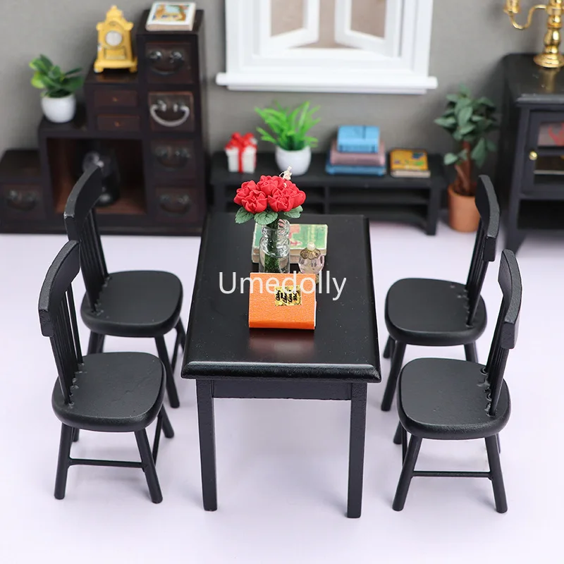 1/12 Miniature Dollhouse Black Dining Table and Chair Mini
