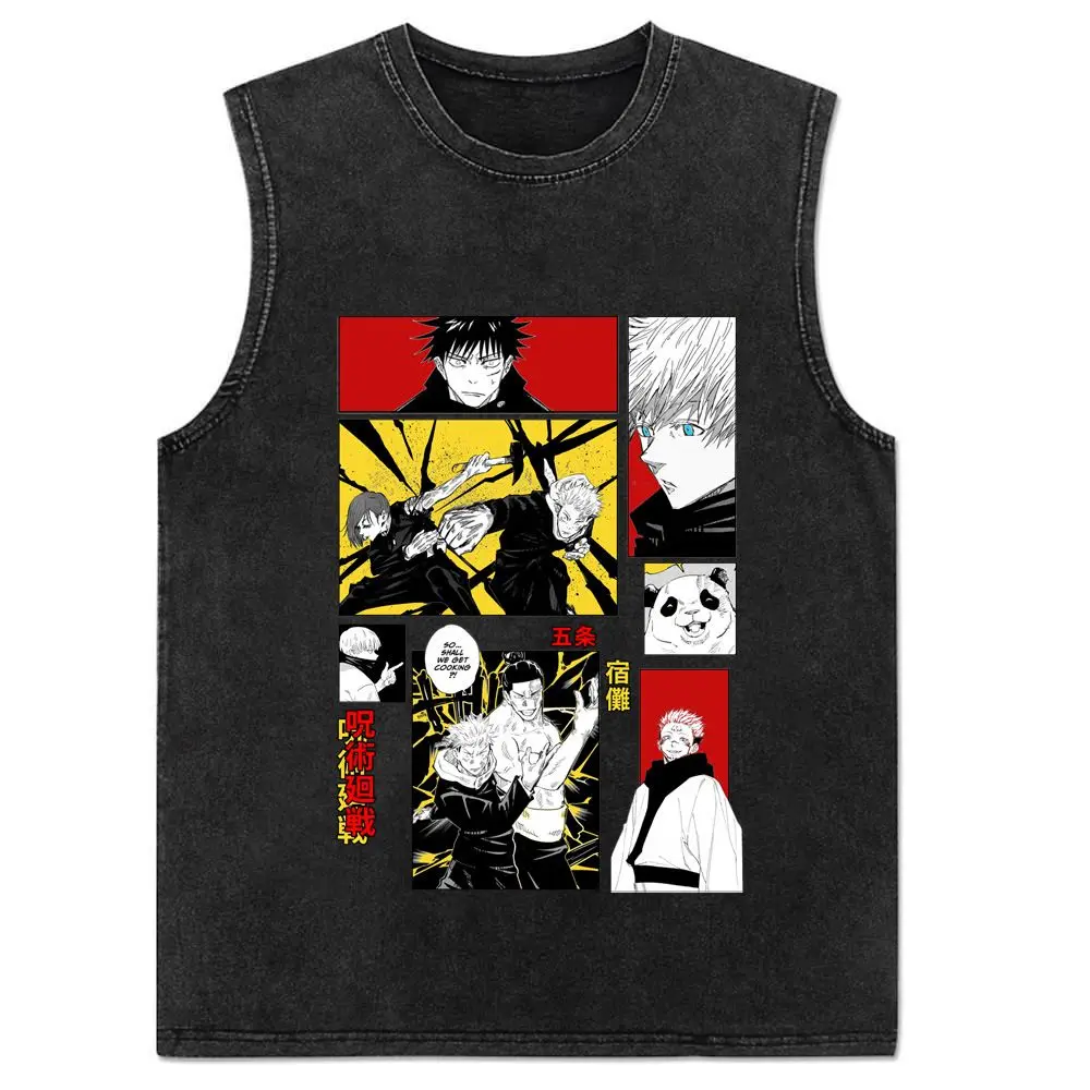 2024 New Vest Summer, Spell Back To War, Anime Printed Cotton Vest Men's Washed Retro Sleeveless T-shirt Ins