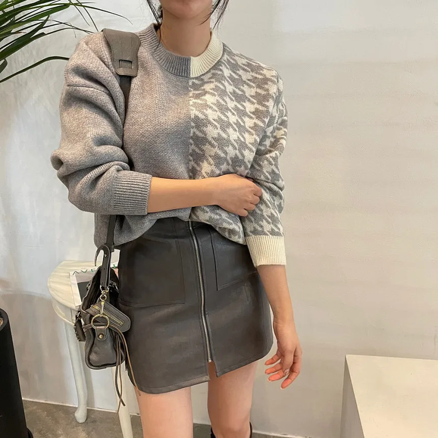 short sleeve cardigan Croysier Autumn Winter Crew Neck Long Sleeve Knitted Sweater Pullover 2021 Fashion Women Houndstooth Patchwork Sweaters Jumper sweater for women