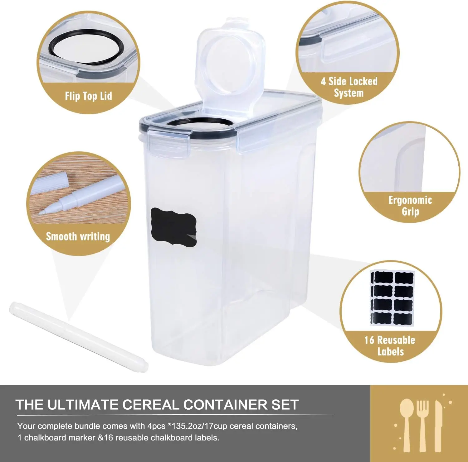 Cereal Containers Storage Set-4 Piece Airtight Large Food Storage Containers(135.2oz), BPA Free Dispenser Plastic Cereal Stora