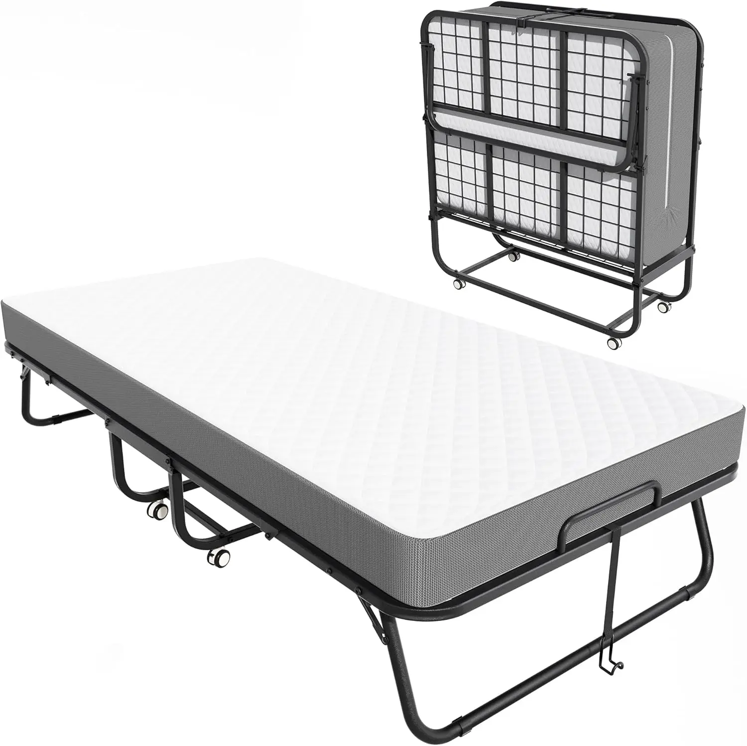 Bed with 5” Mattress, 75" x 38" Twin Folding Bed for Adults, Portable Foldable Twin Bed, Fold up Guest Bed with Study Metal Fram