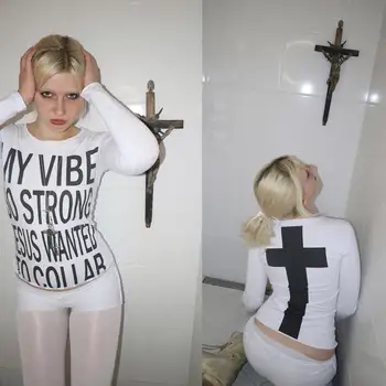 T-shirt da donna vintage Y2k T-shirt bianca con stampa monogramma Trash Modello incrociato T-shirt manica lunga Harajuku Estetica Street American emo 1