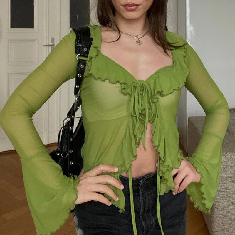 

Women Ruffle Long Sleeve Crop Tops Tie Front Cardigan Sheer Mesh Ruffles Shirt Summer Streetwear Clubwear