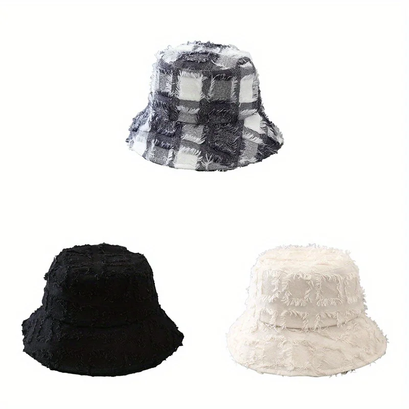 

Cotton Old Tassel Plaid Bucket Hat Sunshade Panama Cap Women Men Fishermen Hat Fashion Outdoor Travel Black White Solid Sun Hat