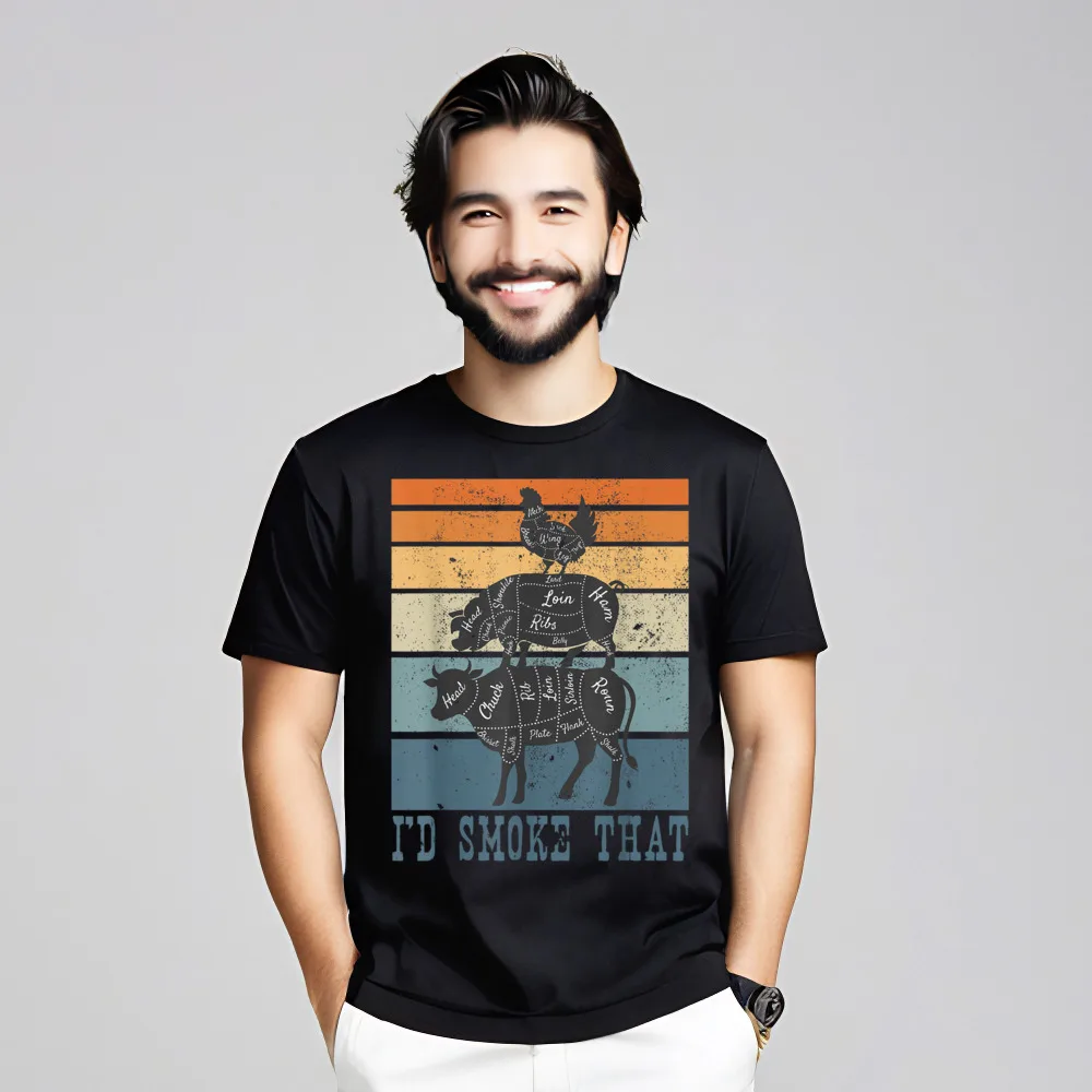 Cute Mens T-Shirt Funny Gifts for Meat Eater Street Tops & Tees All Cotton Short Sleeve Lose Tee-Shirt Round Neck Funny Gifts for Meat Eater Cow Smoker Vintage I Smoke Meats T-Shirt__18271
