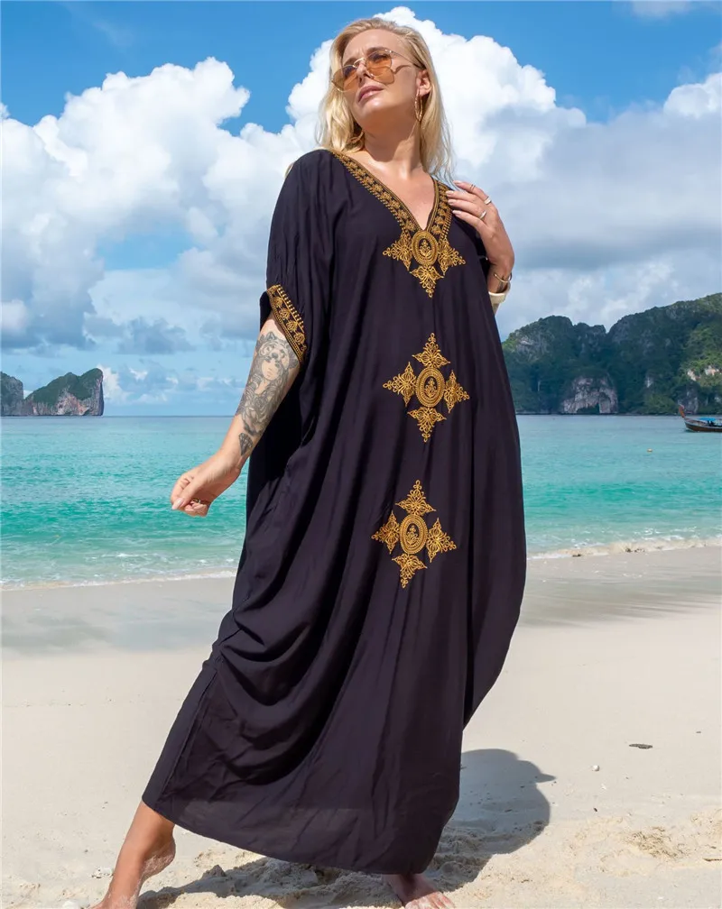 New Bohemian Retro Embroidered Bikini Cover Up Maxi Dress For Women Loose Beachwear Vintage Long Kaftan