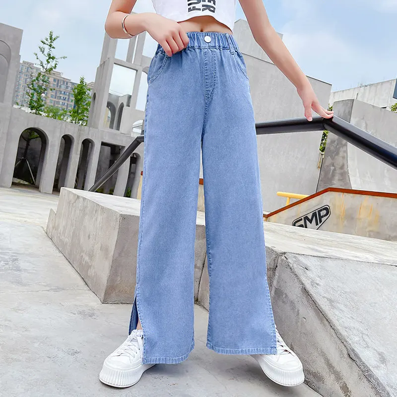 Blauwe lente tienermeisjes jeans sterren liefde handdoek geborduurd mode wijde pijp lange broek baggy denim broek kinderen meisje kopen vanaf een prijs van 30