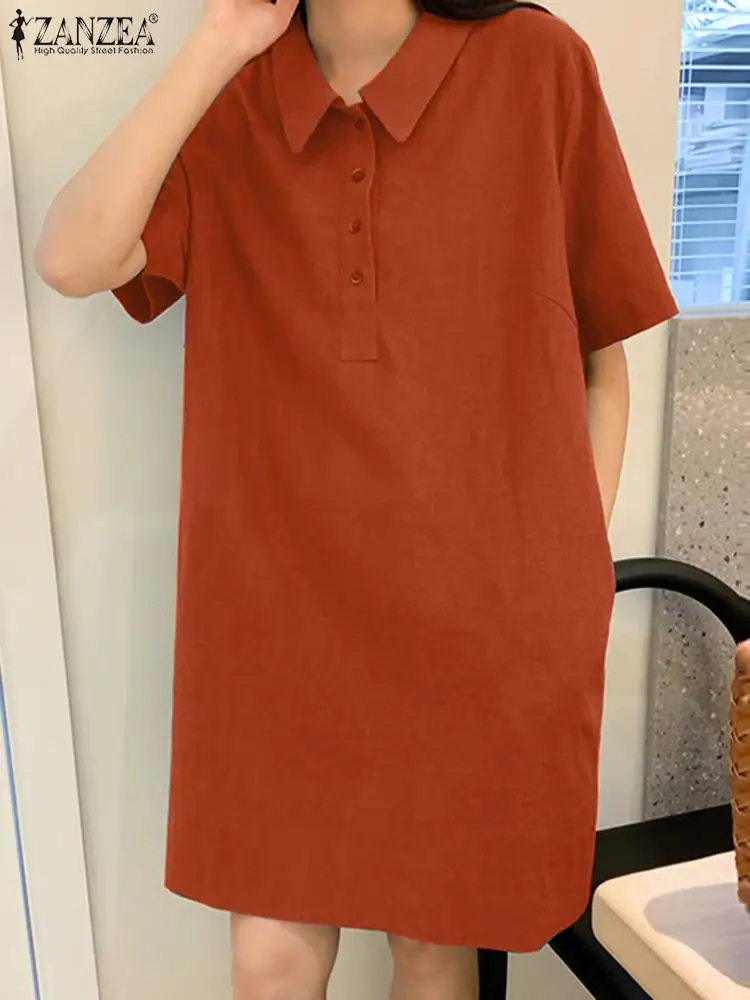 

2023 ZANZEA Women Summer Elegant Dresses Fashion Lapel Neck Buttons Robe Vintage Solid Shirt Dress Causal Loose Work OL Vestidos