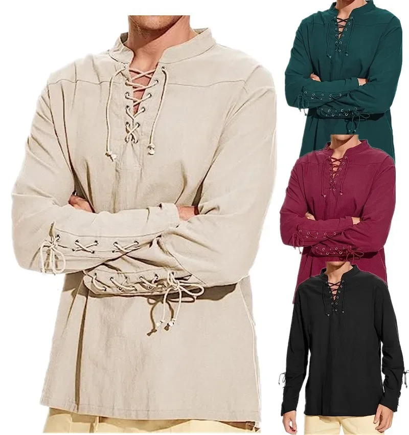 Men Medieval Costume Cotton Linen Shirts  Ruffled Long Sleeve Lace Up Pirate Cosplay Shirt Vampire Medieval Renaissance Shirt