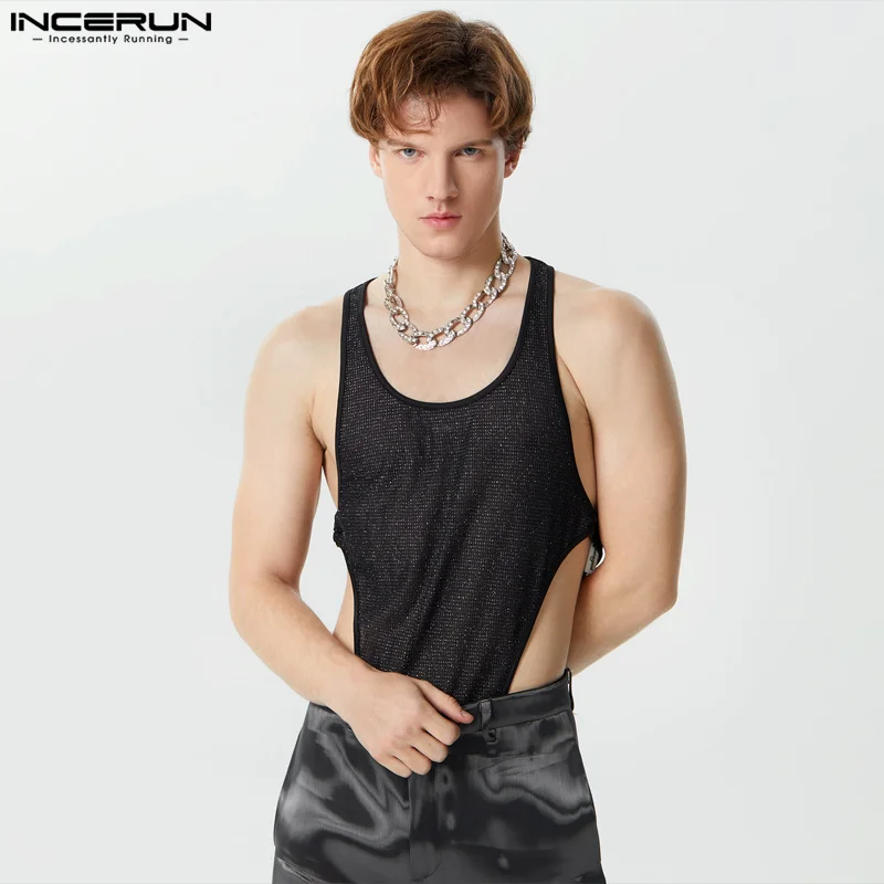 

INCERUN Men Bodysuits Mesh Solid Color O-neck Sleeveless Rompers Men Skinny Sexy Transparent 2023 Fashion Male Bodysuit S-3XL