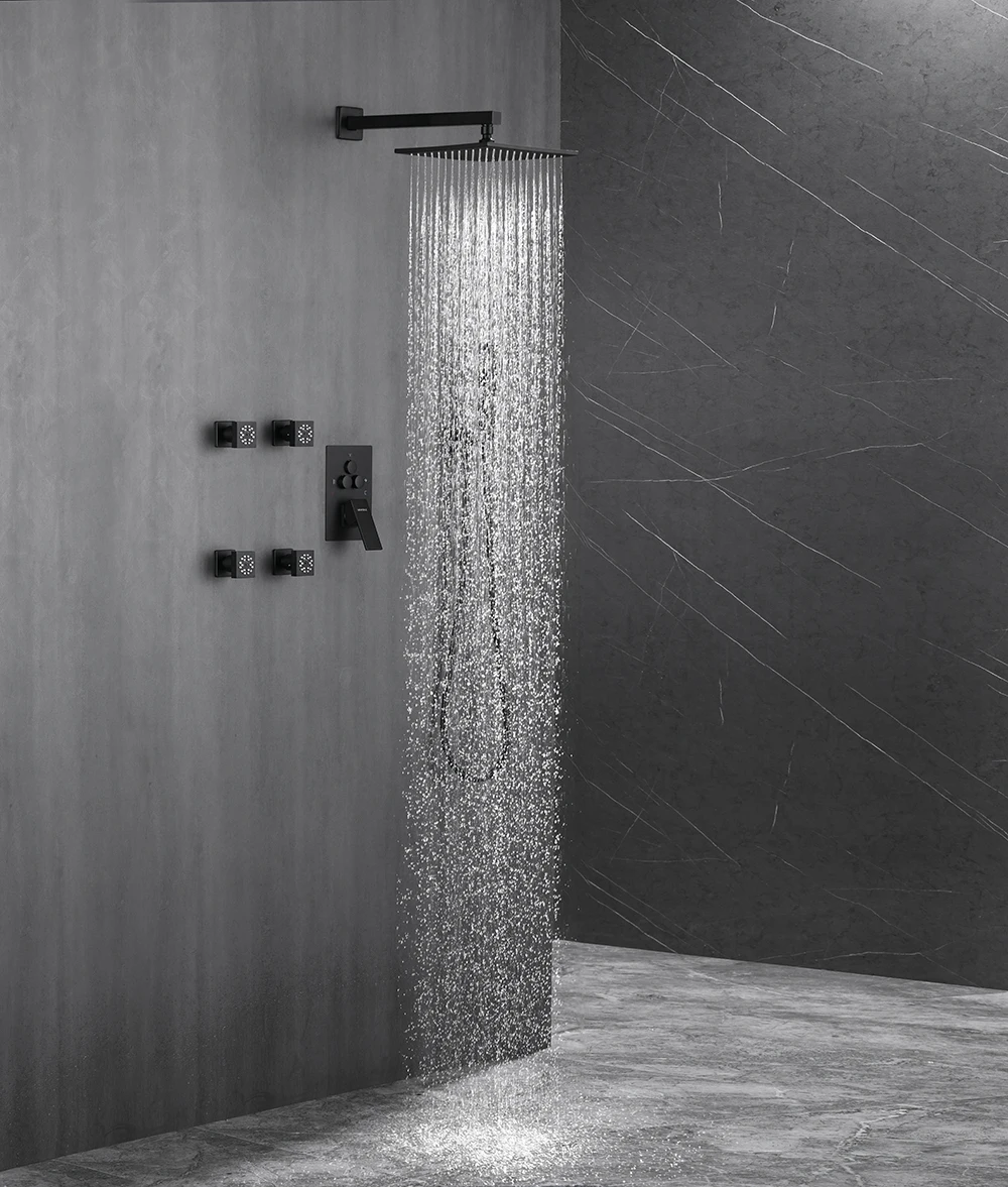 12 Inch Ceiling Rain Shower faucet Flush-Mounted shower head concealed mixer shower system faucet sets With body jets black