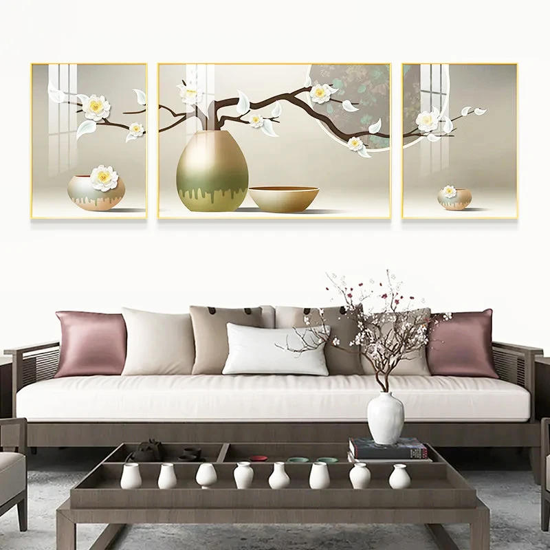 

Chinese Style Crystal Porcelain Painting Living Room Simple Background Triptych Picture Luxury Metal Painting Frame Mural Set