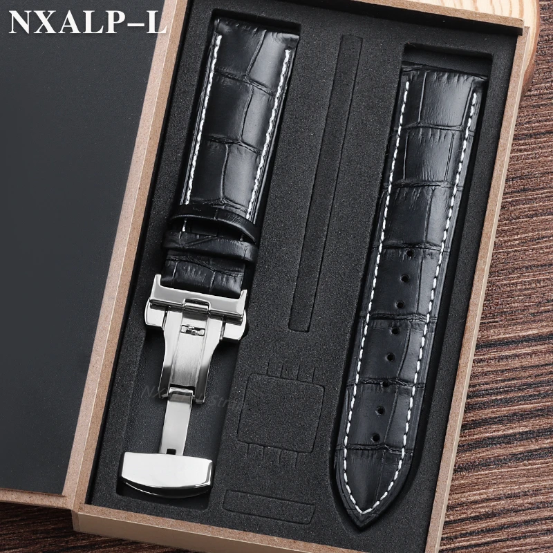 Luxurious Genuine Leather Watch Strap with Elegant Butterfly Clasp and Wooden Gift Box