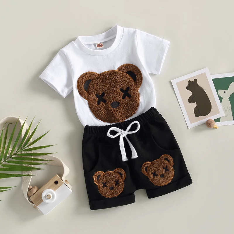 Baby Boys Summer 2-piece Outfits Cartoon Bear Pattern Short Sleeve T-shirt and Casual Elastic Shorts Set