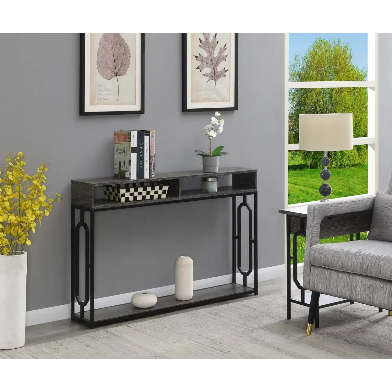 

Omega Deluxe 2 Tier Console TableAdditional storage and display powder coated metal frame Stability and durability