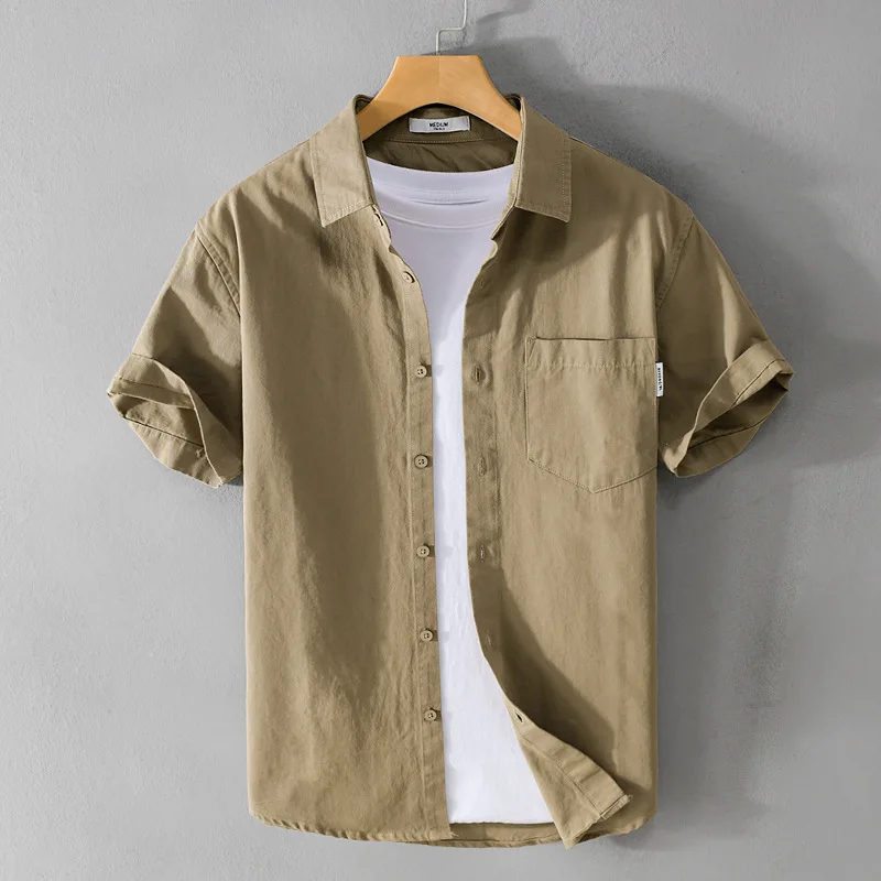 

523 Summer Men'S Shirts Simple Solid Color White Khaki Lapel Single Breasted Loose Casual Youth Popular Male Original Clothing