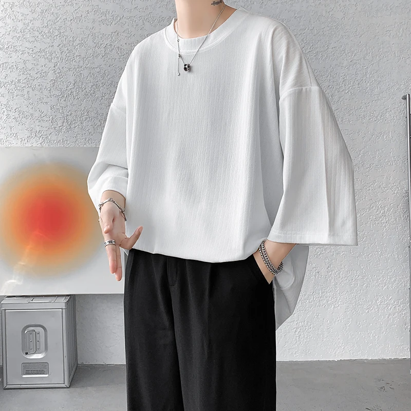 느슨한 Tshirt 남성 오버 사이즈 아이스 실크 T 셔츠 2024 여름 남성 하프 슬리브 패션 하라주쿠 티셔츠 남성 솔리드 심플 데일리 티셔츠