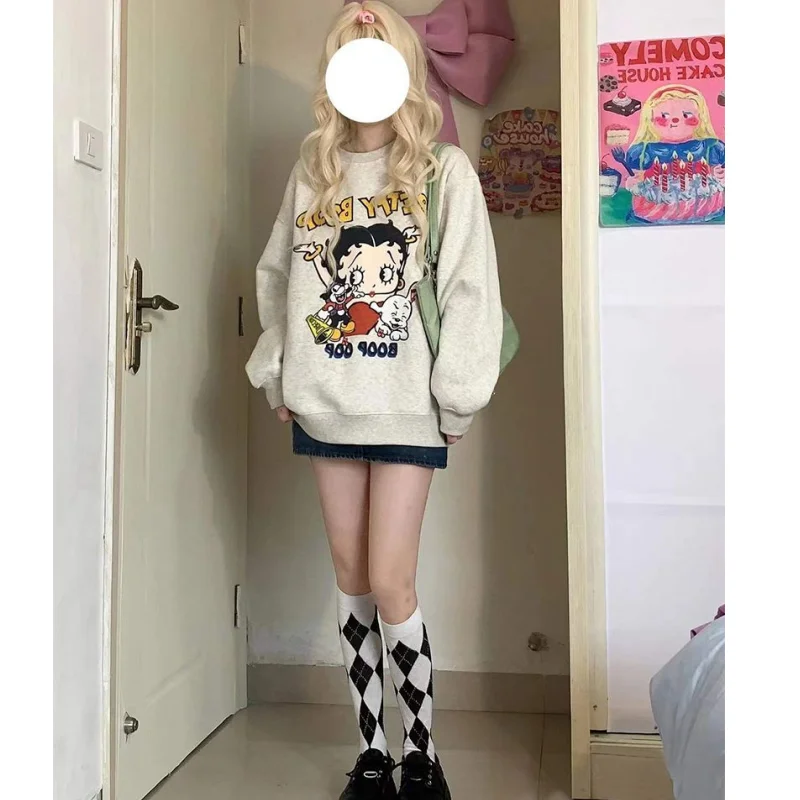 

Женский флисовый пуловер с длинным рукавом, белый или серый Мешковатый свитшот с мультяшным принтом