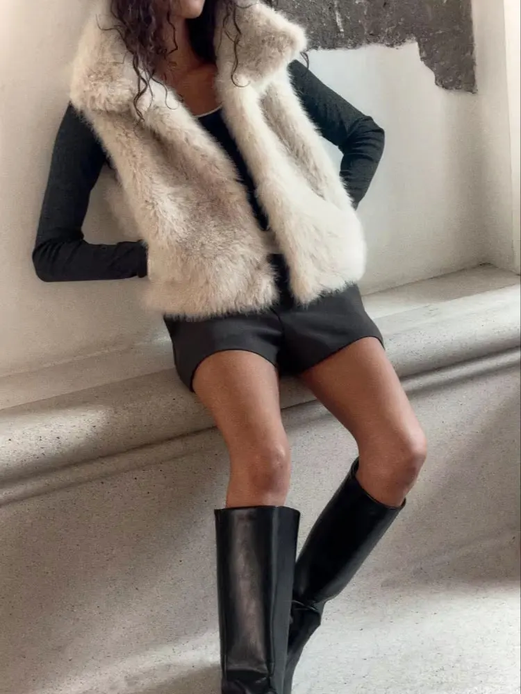 HH Women Elegant Solid Faux Fur Waistcoats Turtleneck Sleeveless Vest Coat Autumn Winter Fashion Hight Street Lady Outfit