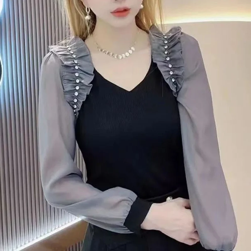 spring autumn V-neck fashion Long Sleeve T-Shirts women High street Slim Contrast color Pullovers elegant Embroidered Flares top