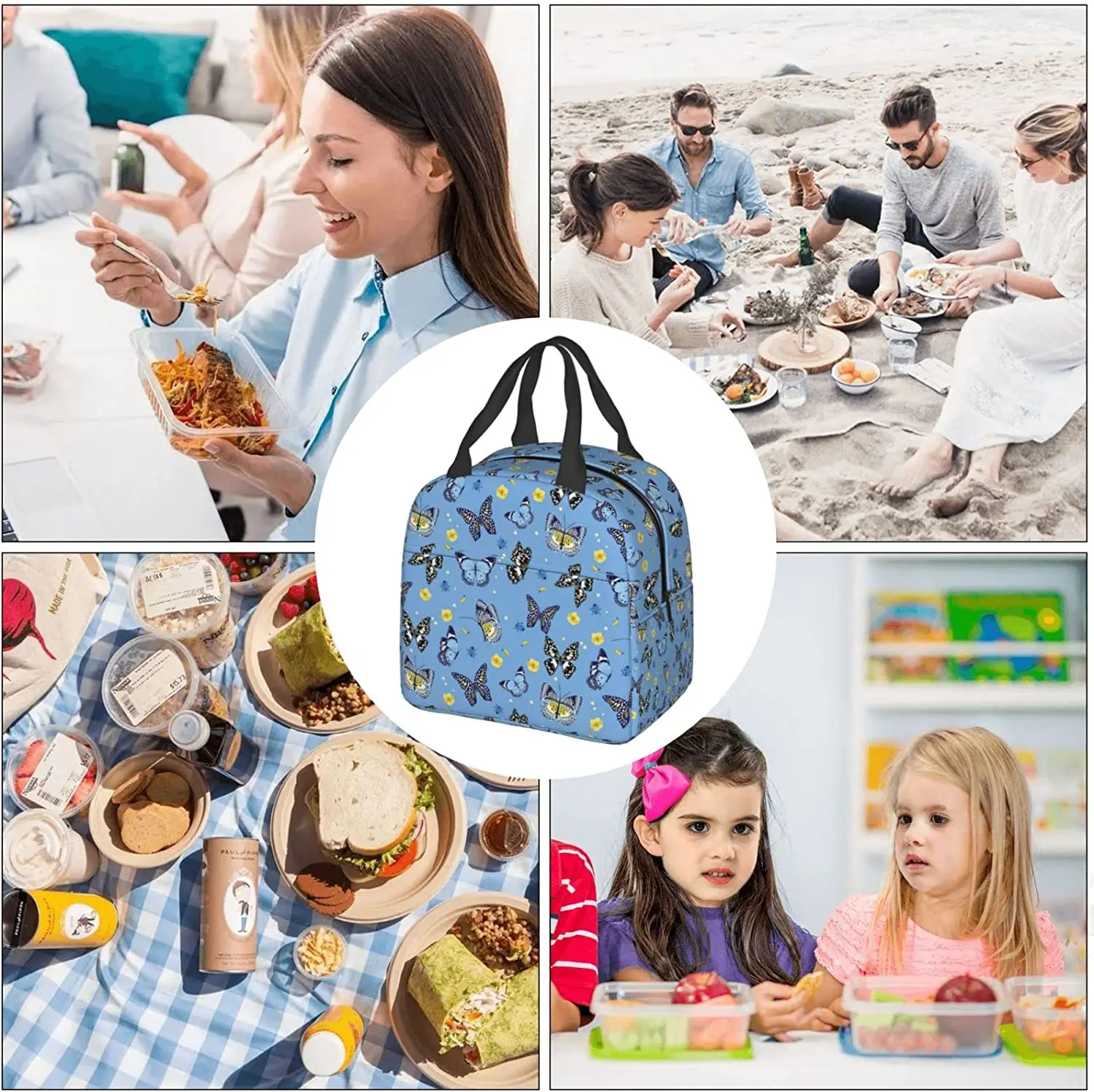 Butterfly Flower Lunch Bag Insulated Reusable Lunch Box Thermal Tote Bag Container Cooler Bag for Women Men Travel Picnic Work
