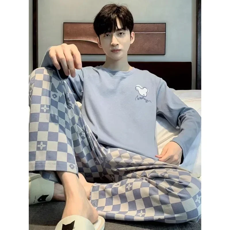 Plus Size Men Pajamas Set Spring and Summer Plaid Solid Color Youth Sleepwear Homewear Tops and Pants Nightwear Loungewear pajama sets