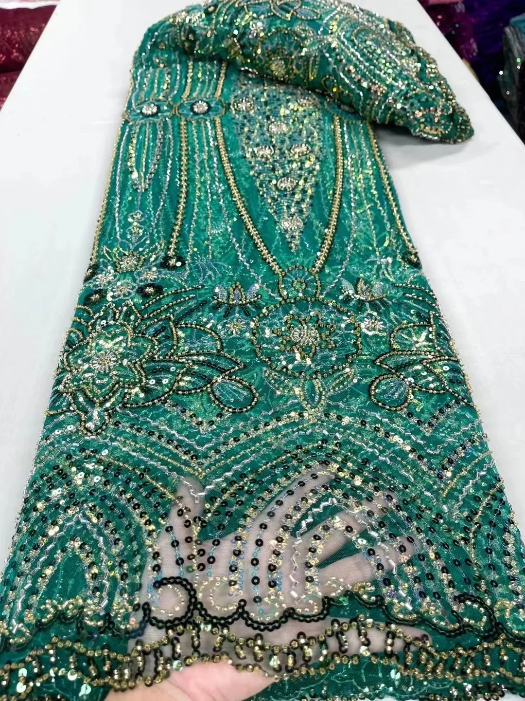 

GREEN African Lace Fabric High Quality Beadeds French Tulle Lace Fabric 5 Yards For Women Wedding Party Dress Nigerian Lace