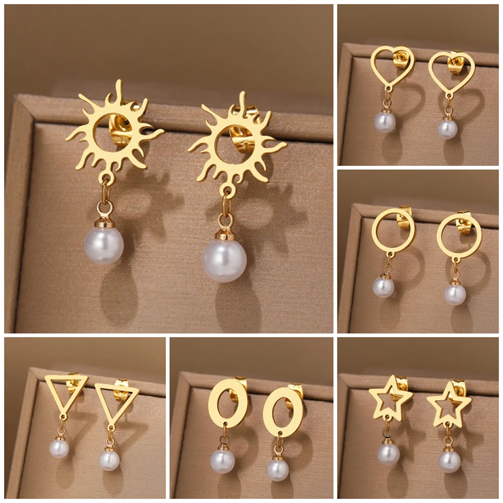 Boucles d'Oreilles Géométriques en Acier Inoxydable pour Femme, Bijoux Tendance, Cercle, Triangle, Coeur, Soleil, Totem, Perle, Pendentif, 2022