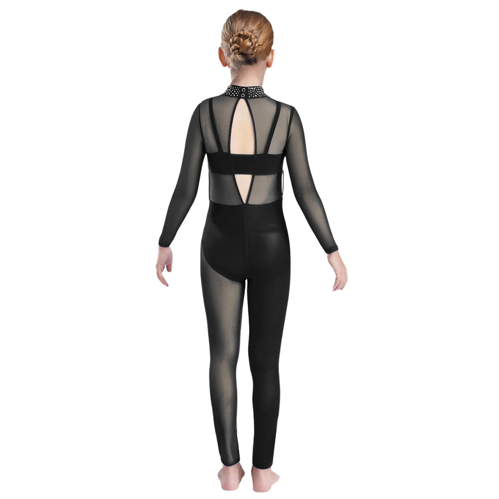 Mädchen Eiskunstlauf-Einteiler Gymnastikanzug Ballett-Tanzkostüm Langarm Glitzernder Strass-Bodysuit – Detail 21