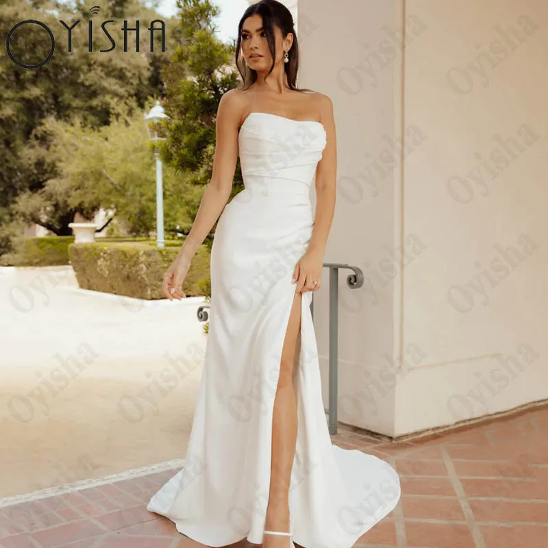 

Oyisha Simple High Split Wedding Dress For Women Backless Button Mermaid Bridal Party Sleeveless Satin Vestido Novia Custom Made