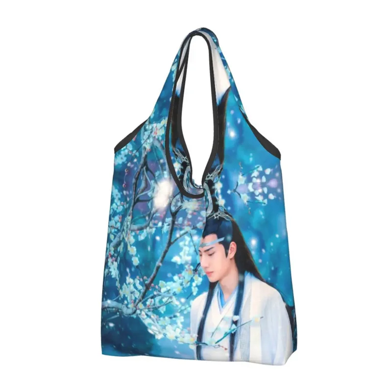 Recycling Lan Wangji Blue Sakura Art Shopping Women Tote Bag Portable The Untamed Grocery Shopper Bags