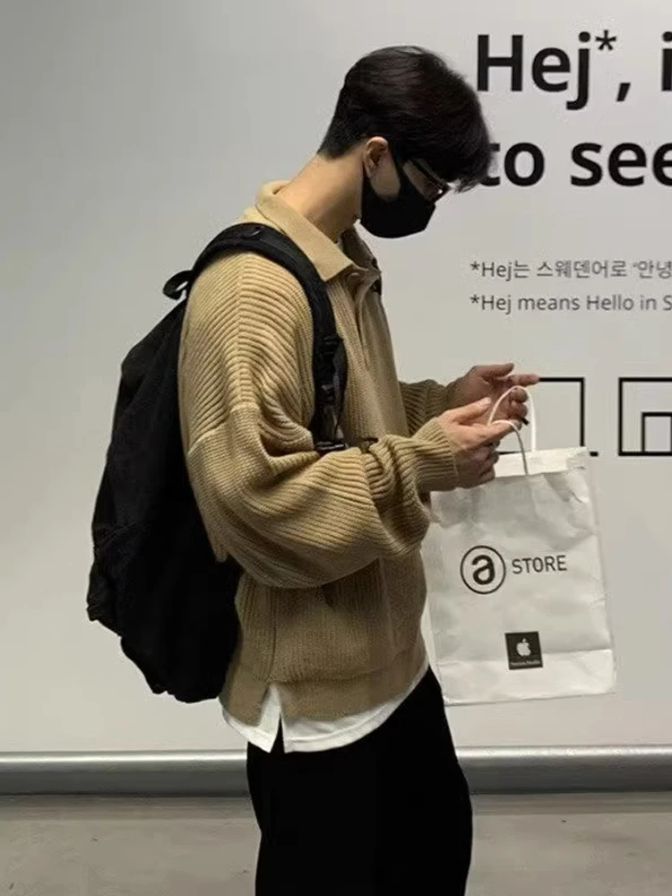 Retro American Knitted Sweater Men's Casual Oversize  Collar Autumn Winter Leisure Versatile Faion Brand Pure Color