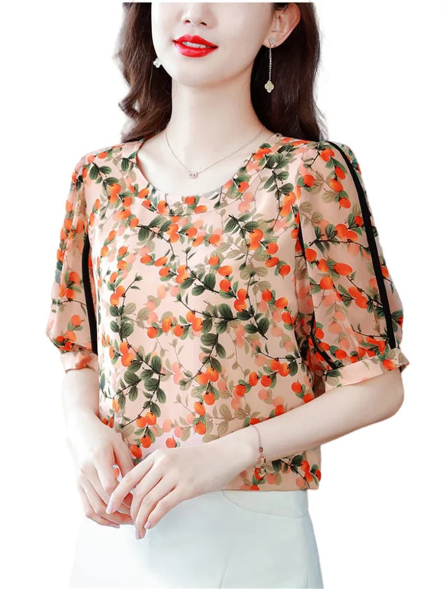 

4XL Women Summer Spring Blouses Shirts Lady Fashion Casual Short Sleeve O-Neck Collar Flower Printing Blusas Tops MM2073