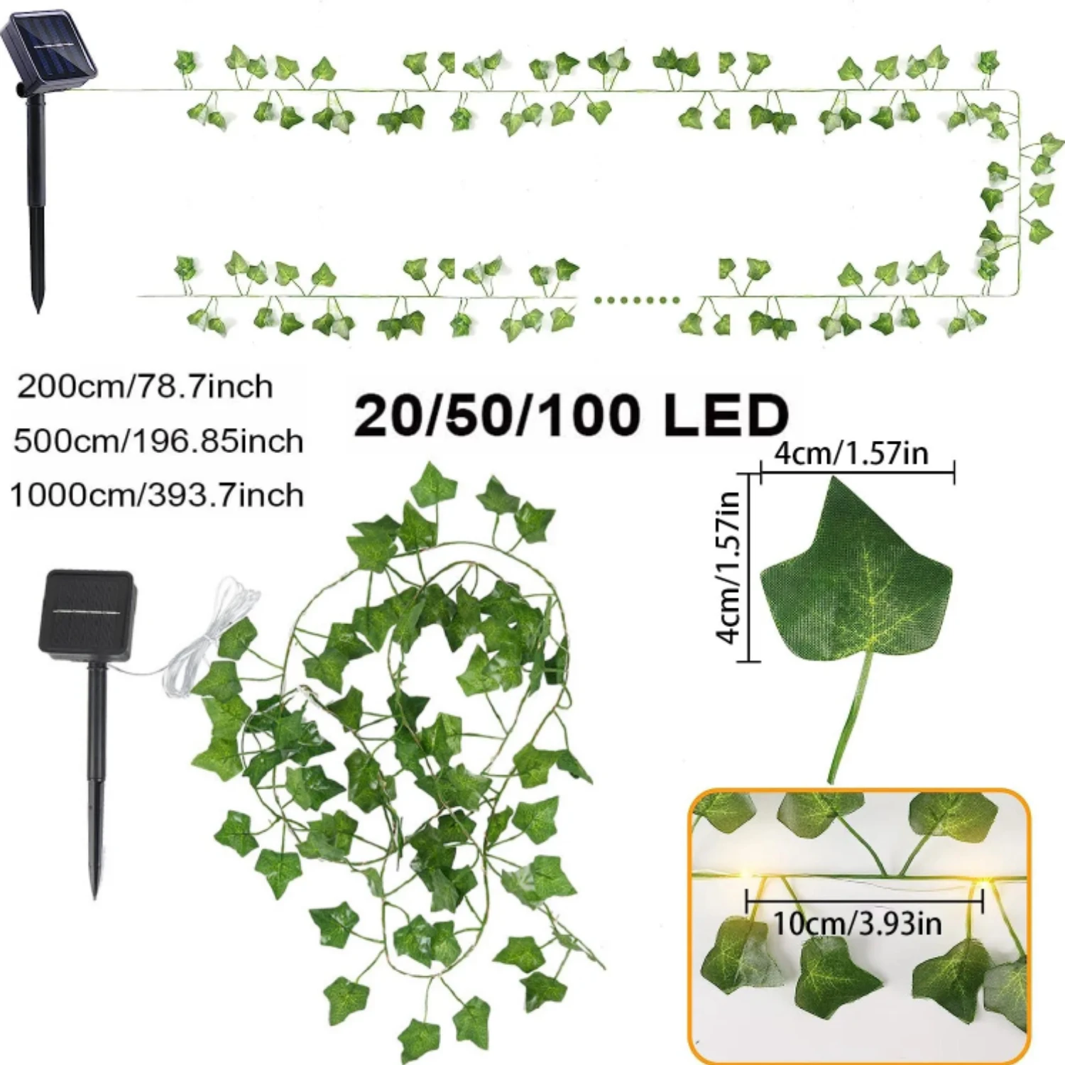 Solar-Powered Ivy Leaf Fairy Lights - LED String with 8 Modes