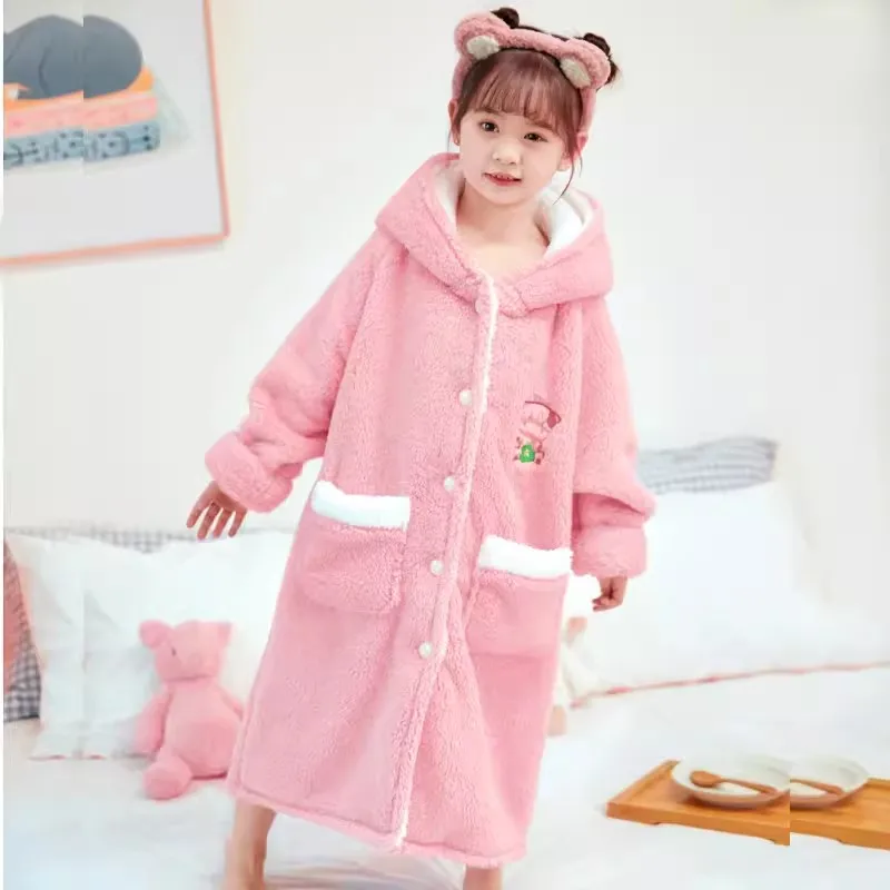 Winter Bathrobe Kids Thicken Warm Flannel Homewear Children Boys Cartoon Bear Nightwear Girls Princess Pink Hooded Button Robes