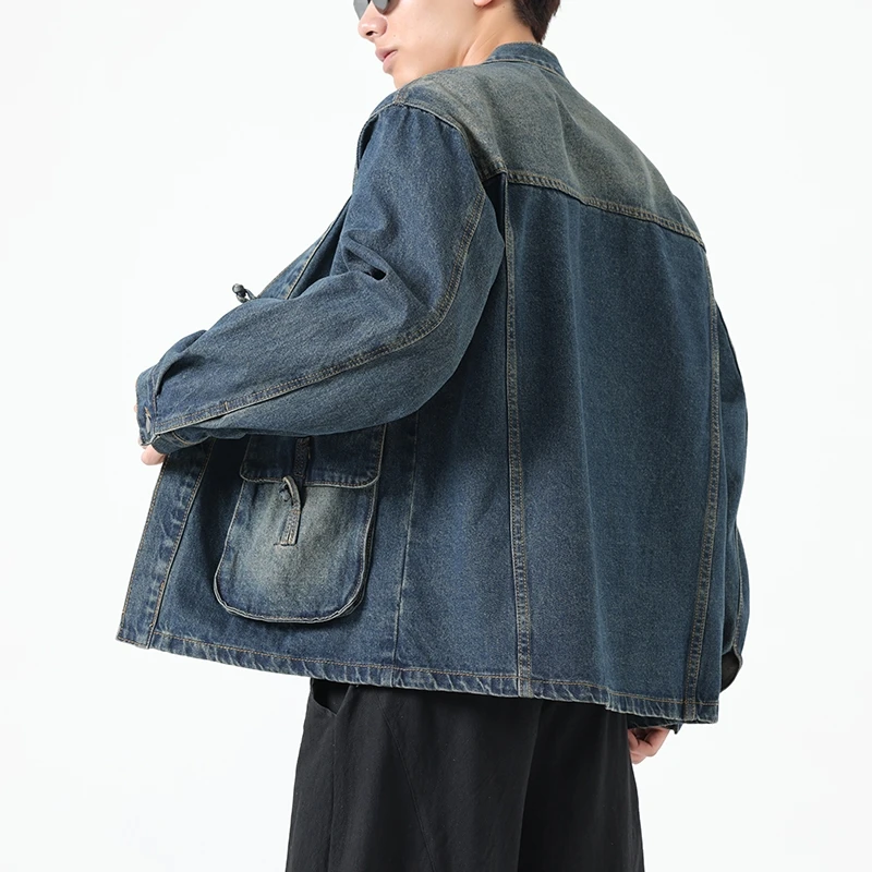 Fashion Men Denim Jacket Cotton Kimono Haori Japanese Pocket Cardigan Coat Vintage Traditional Asian Jackets Clothing
