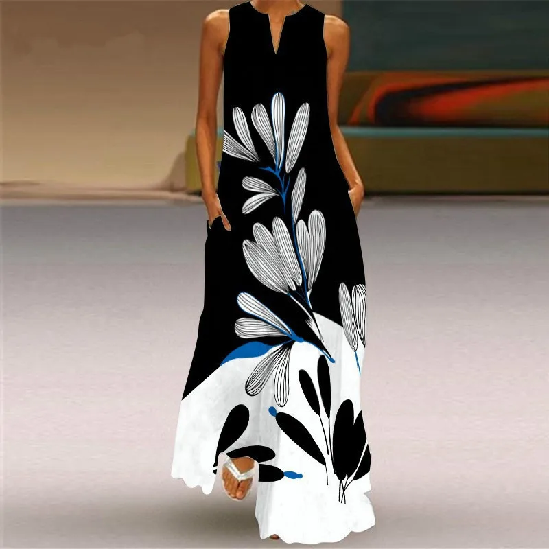 

Women Floral Dress Ladies Classical Boho Printed Sleeveless Long Dress Retro V-Neck High Waist Party Dress Beach Femme Vestidos