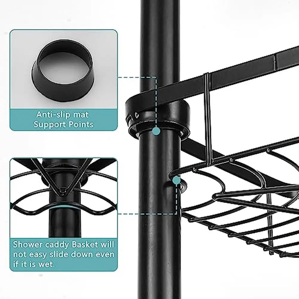 Stainless Steel Corner Shower Caddy Tension Pole Organizer Bathroom Shelf Stand Bathtub Storage Rack Non-Slip Design Rustproof 3