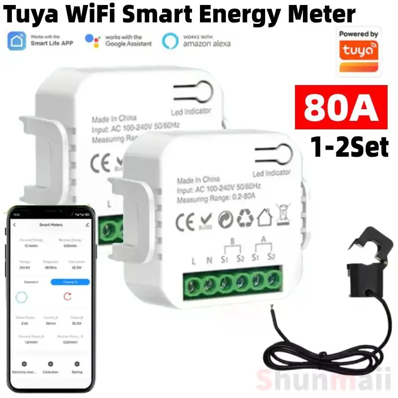 100A WIFI Solar PV System Power Production Consumption Meter 1/2 Channel Bidirectional Monitoring Meter Electricity Statistics