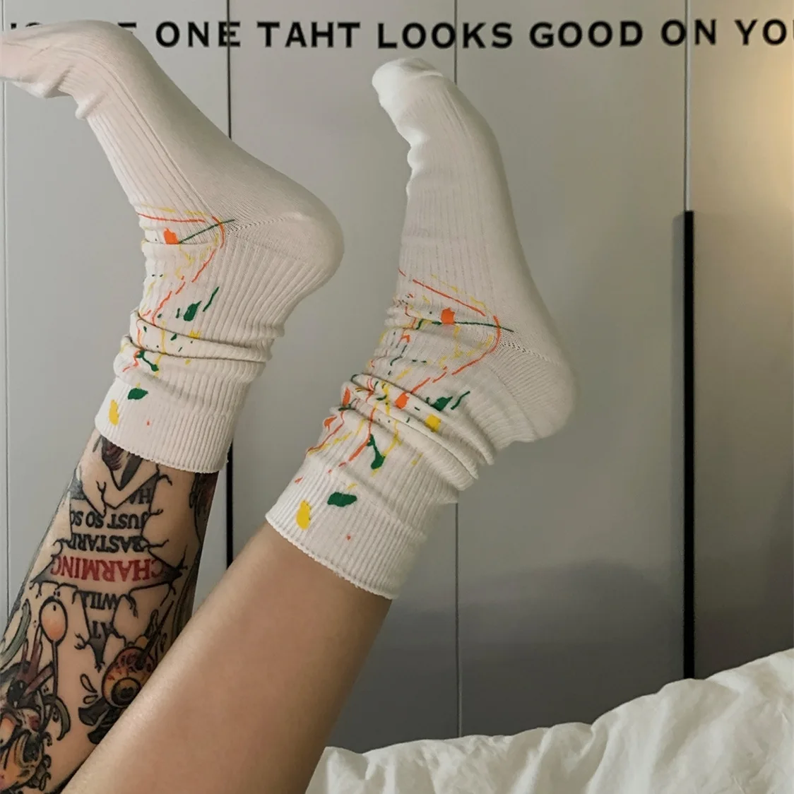 

Couple Socks Harajuku Street Trend Skateboard Socks Summer Solid Color Splash Ink Graffit Hip-Hop Socks For Women Men New