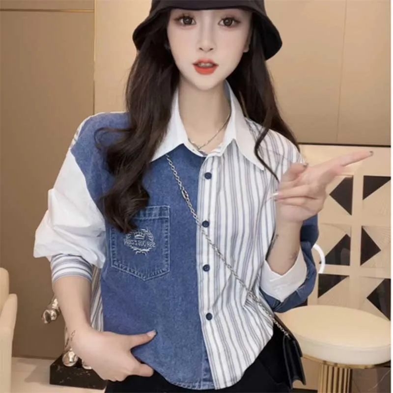 Fashion Pockets Embroidery Spliced Striped Shirts Women's Clothing 2023 Autumn Winter Loose Casual Tops Asymmetrical Blouses