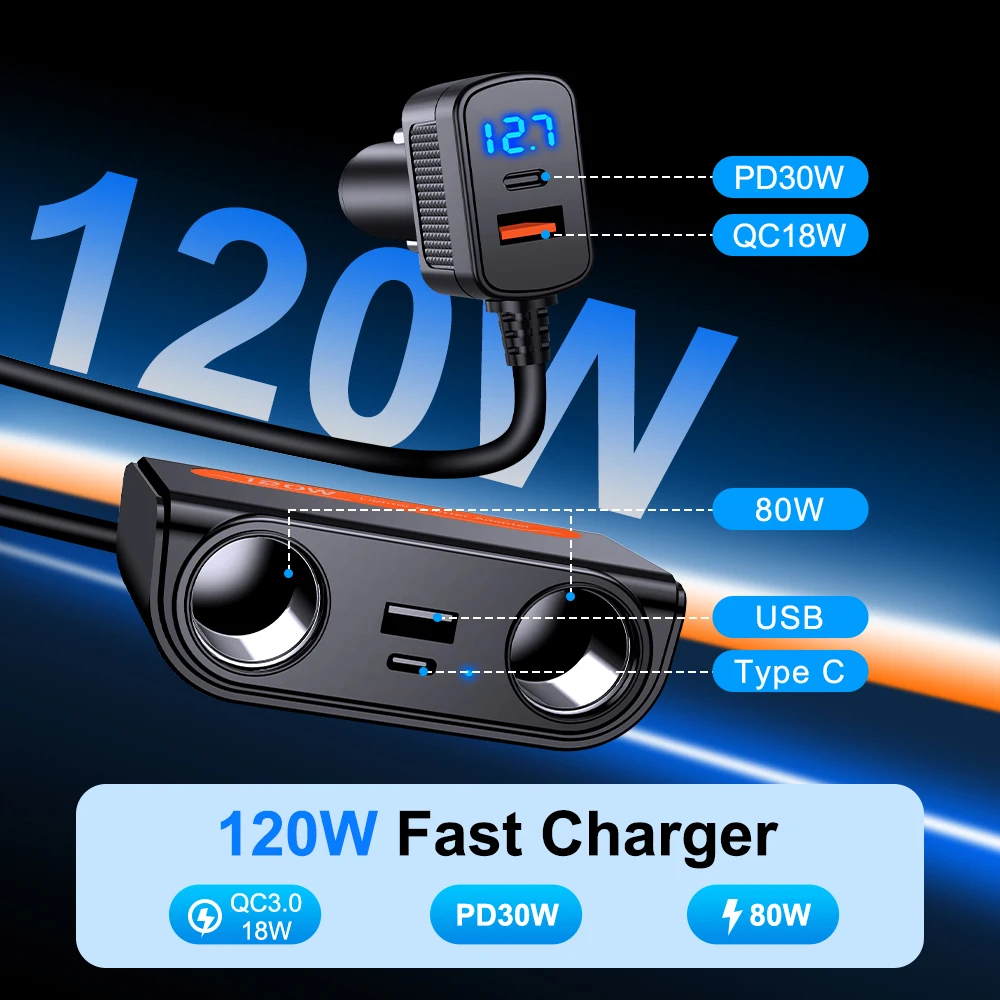 Car Cigarette Lighter Adapter USB PD Power Socket with LED Voltmeter Car Cigarette Splitter 120W 12-24V Auto Accessories